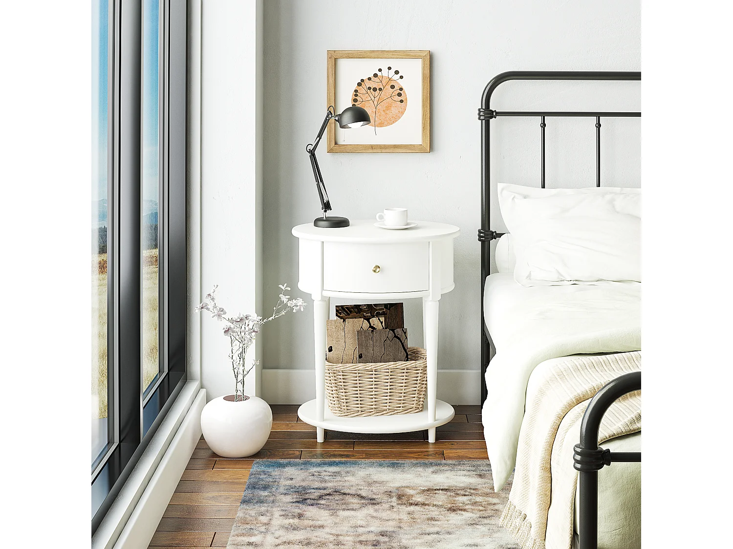 Aurora|Table d'appoint avec 1 tiroir en effet bois blanc