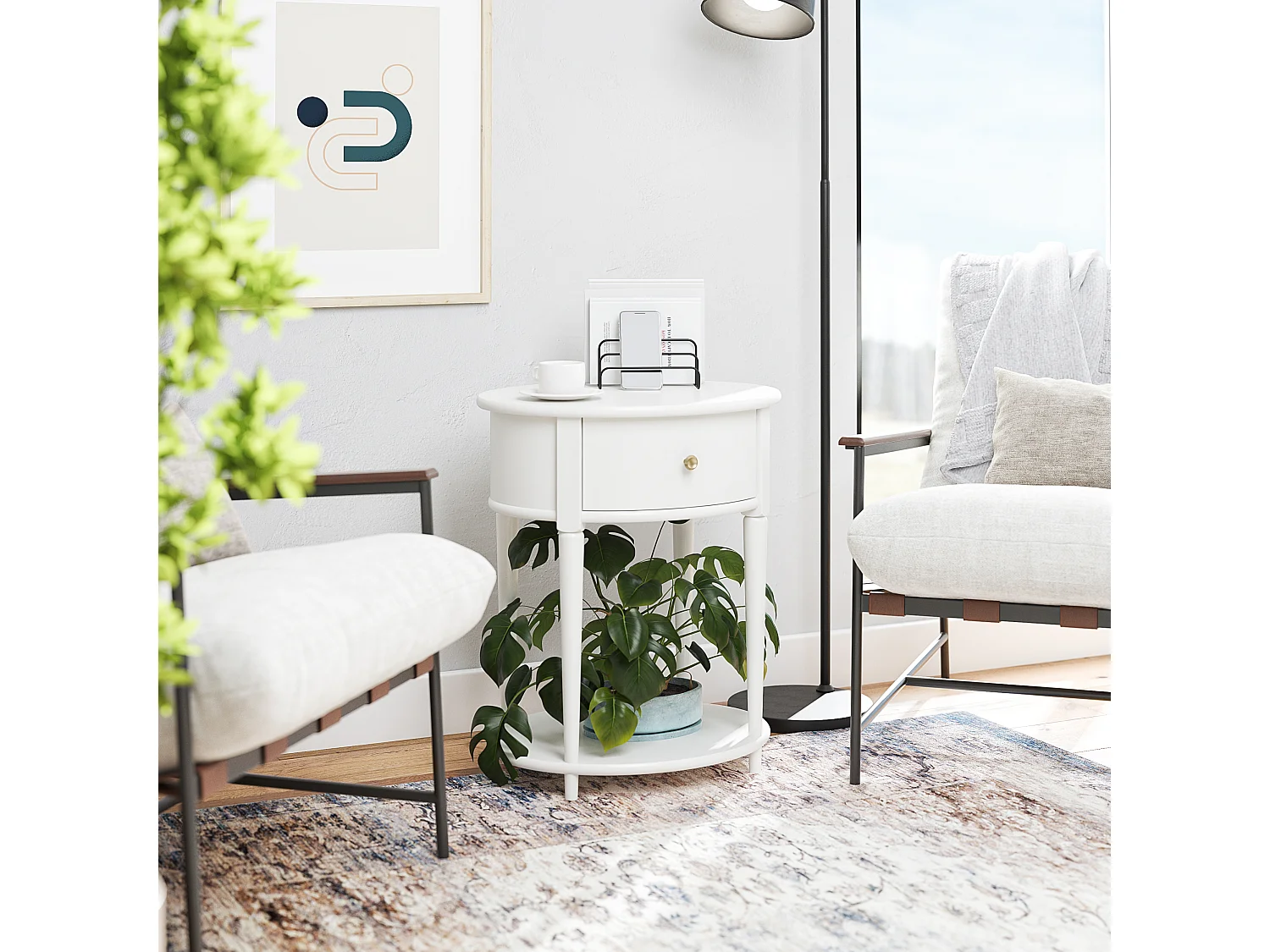 Aurora|Table d'appoint avec 1 tiroir en effet bois blanc