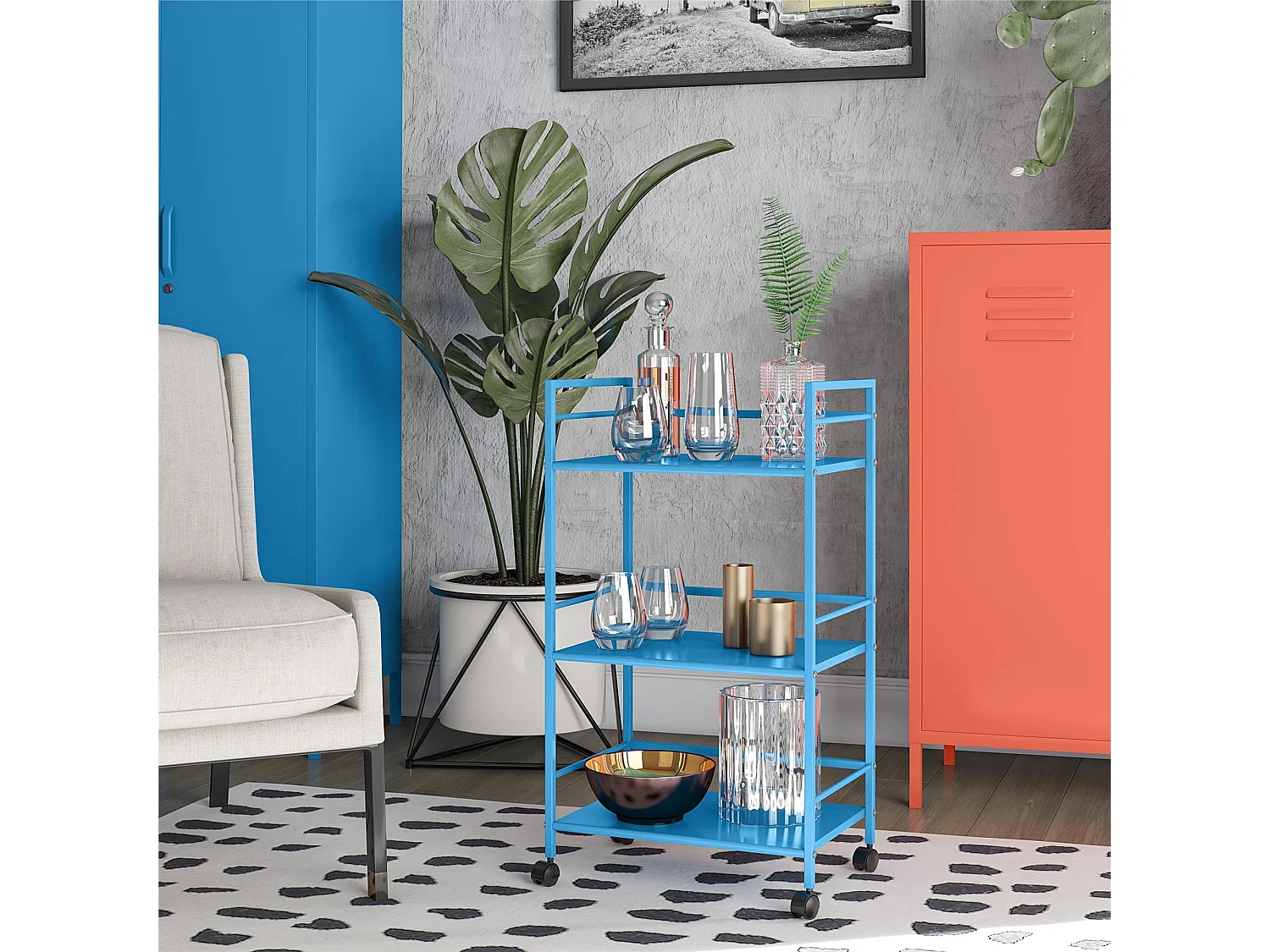 Cache | Chariot à roulettes en métal bleu