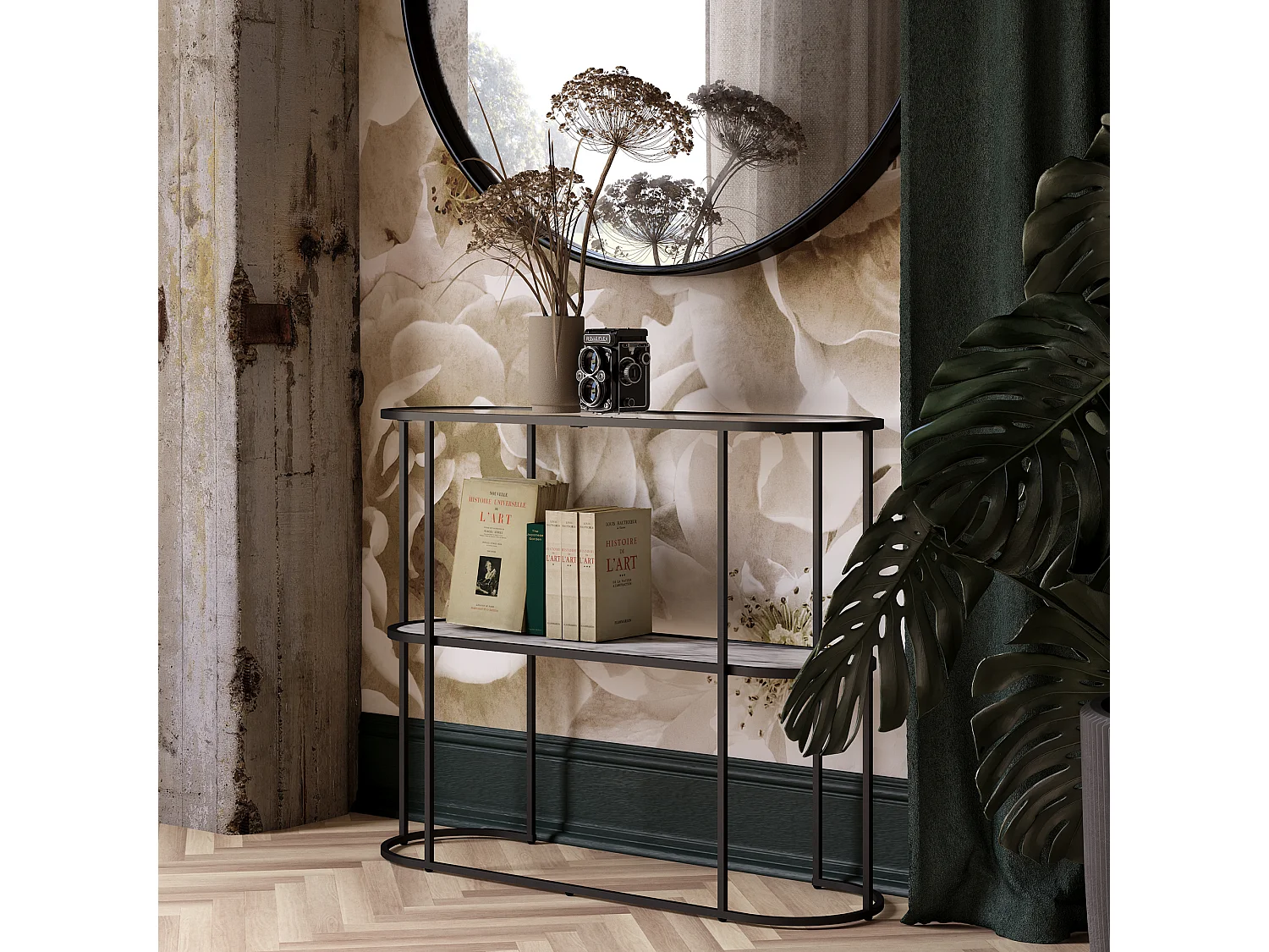 Moon Phases|Table console en effet marbre blanc et verre