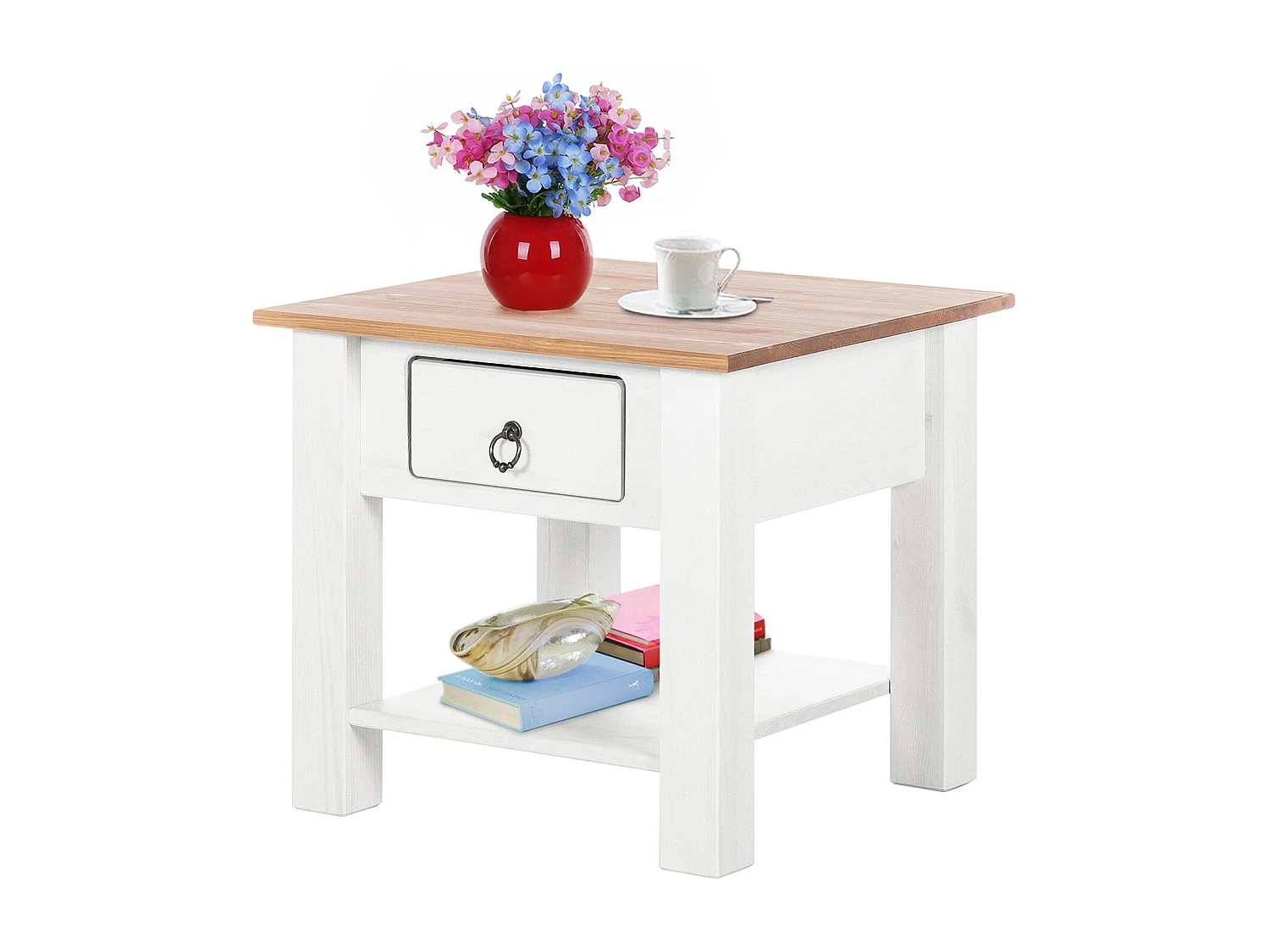 Ines | Table basse avec 1 tiroir en pin blanc et miel