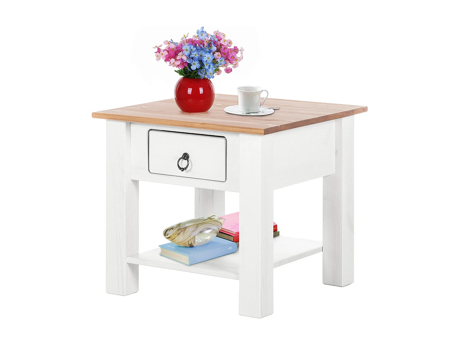 Ines | Table basse avec 1 tiroir en pin blanc et miel