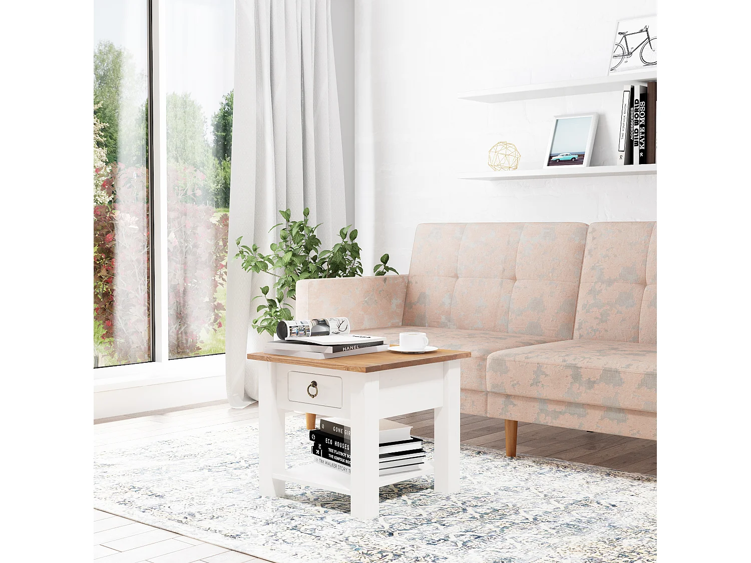 Ines | Table basse avec 1 tiroir en pin blanc et miel