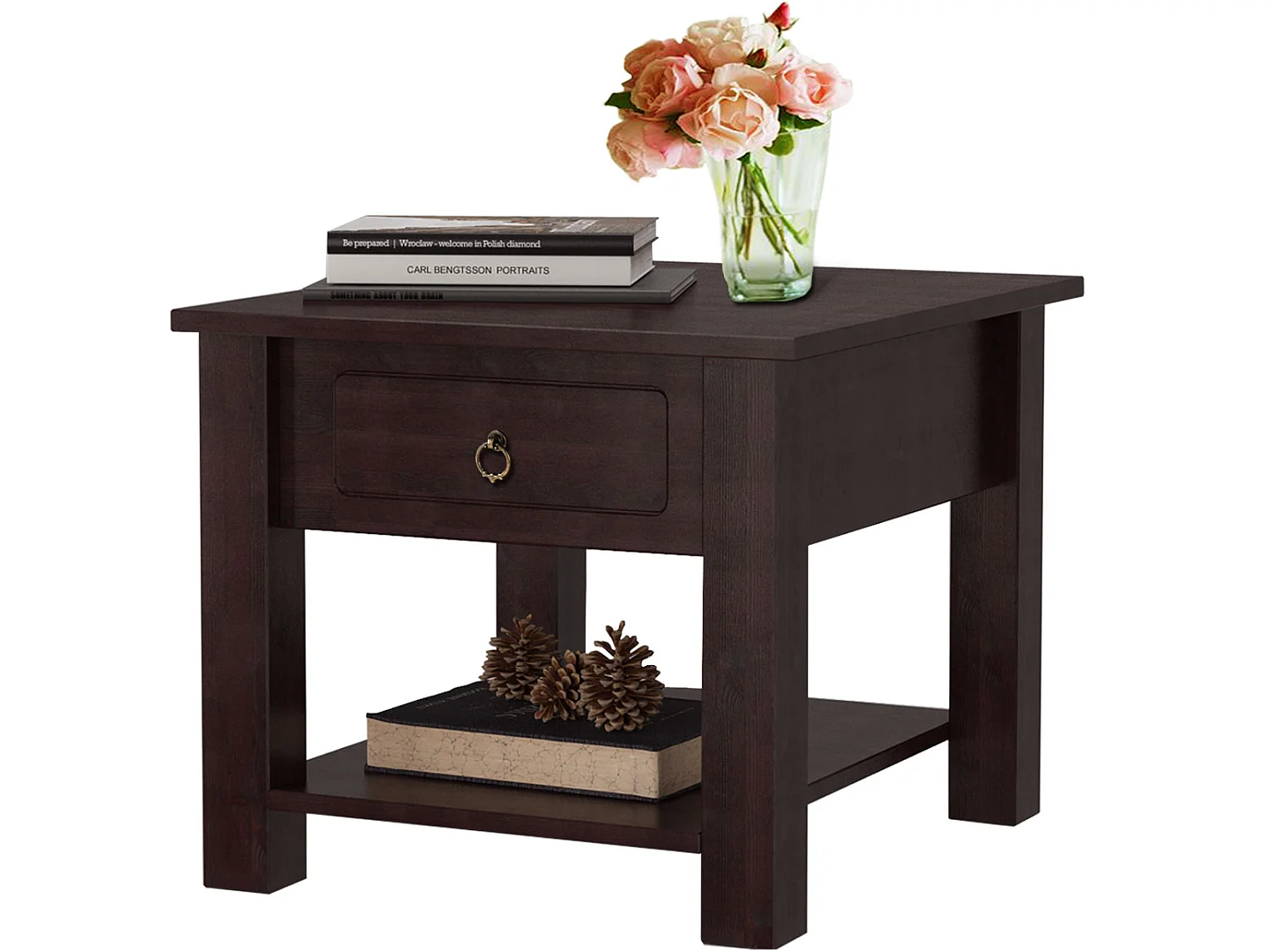 Ines | Table basse avec 1 tiroir en pin marron foncé