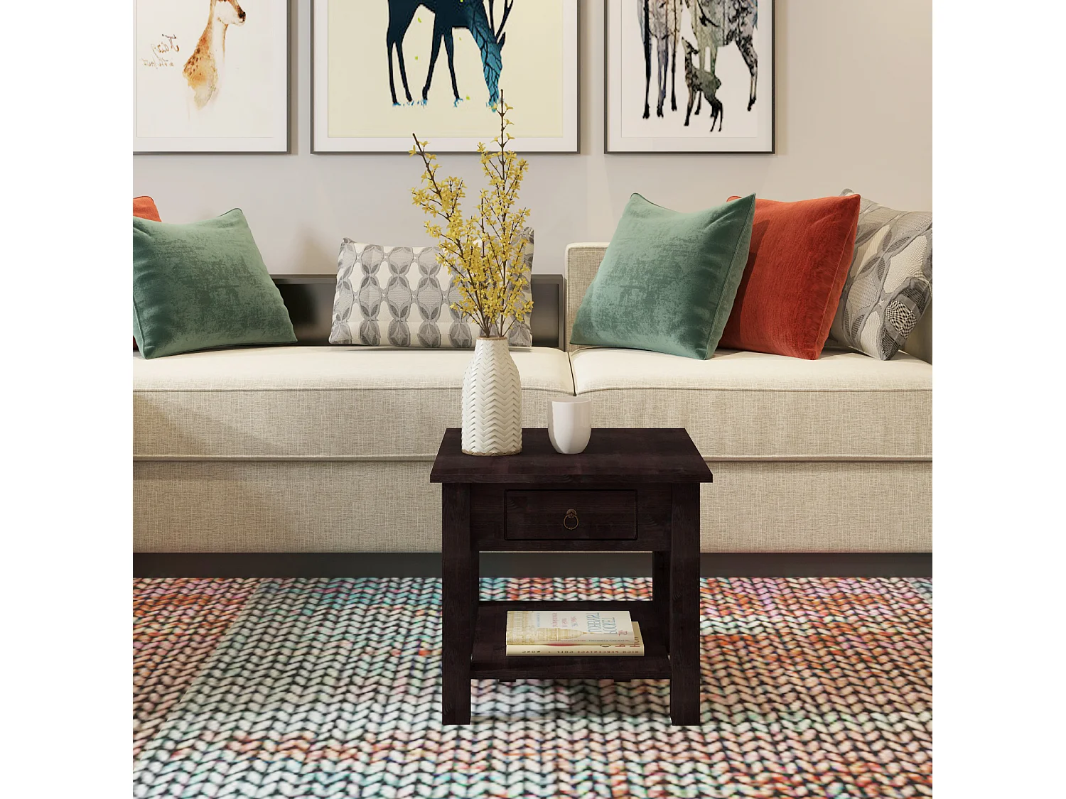 Ines | Table basse avec 1 tiroir en pin marron foncé