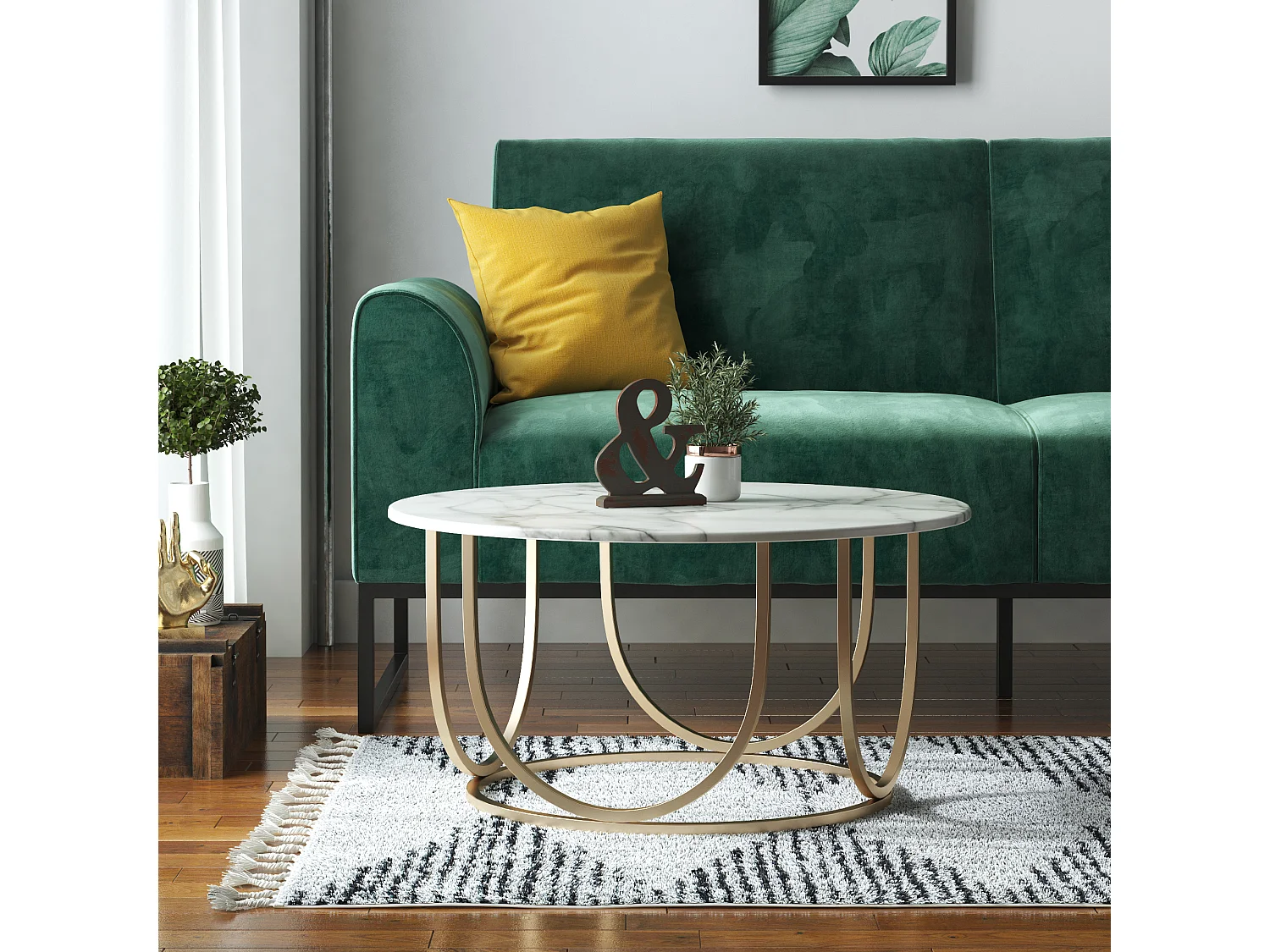 Salontafel in MDF wit marmer en frame in metaal messing