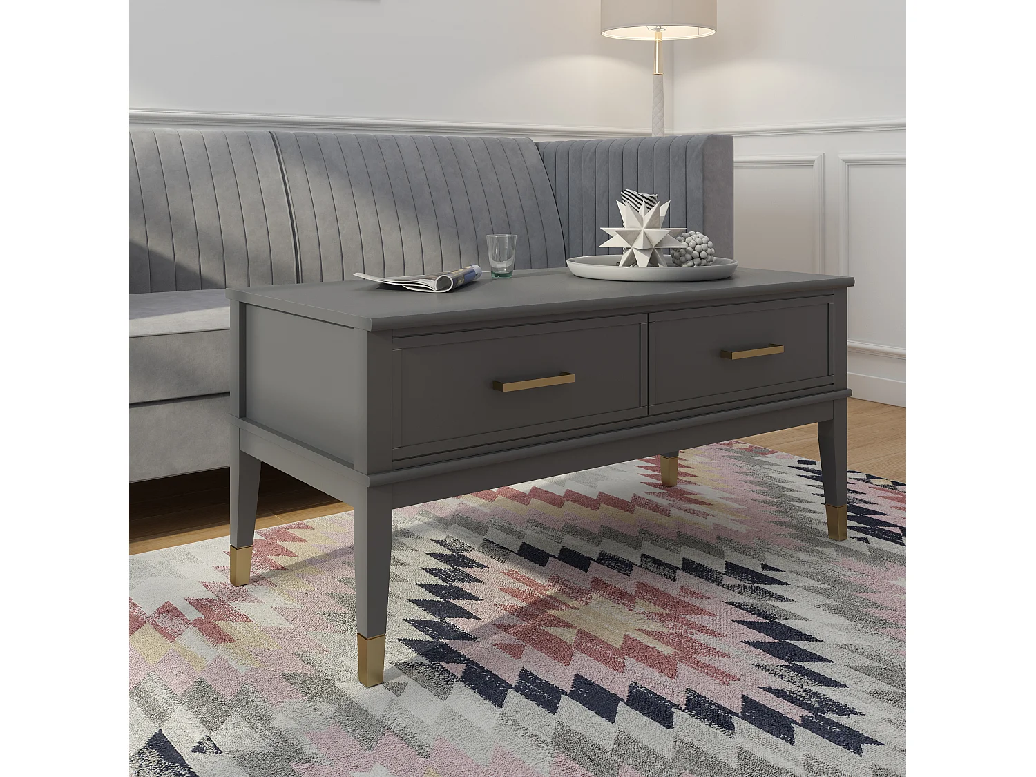 Salontafel met hefblad en 2 lades in grijze PVC gelamineerde spaanplaat