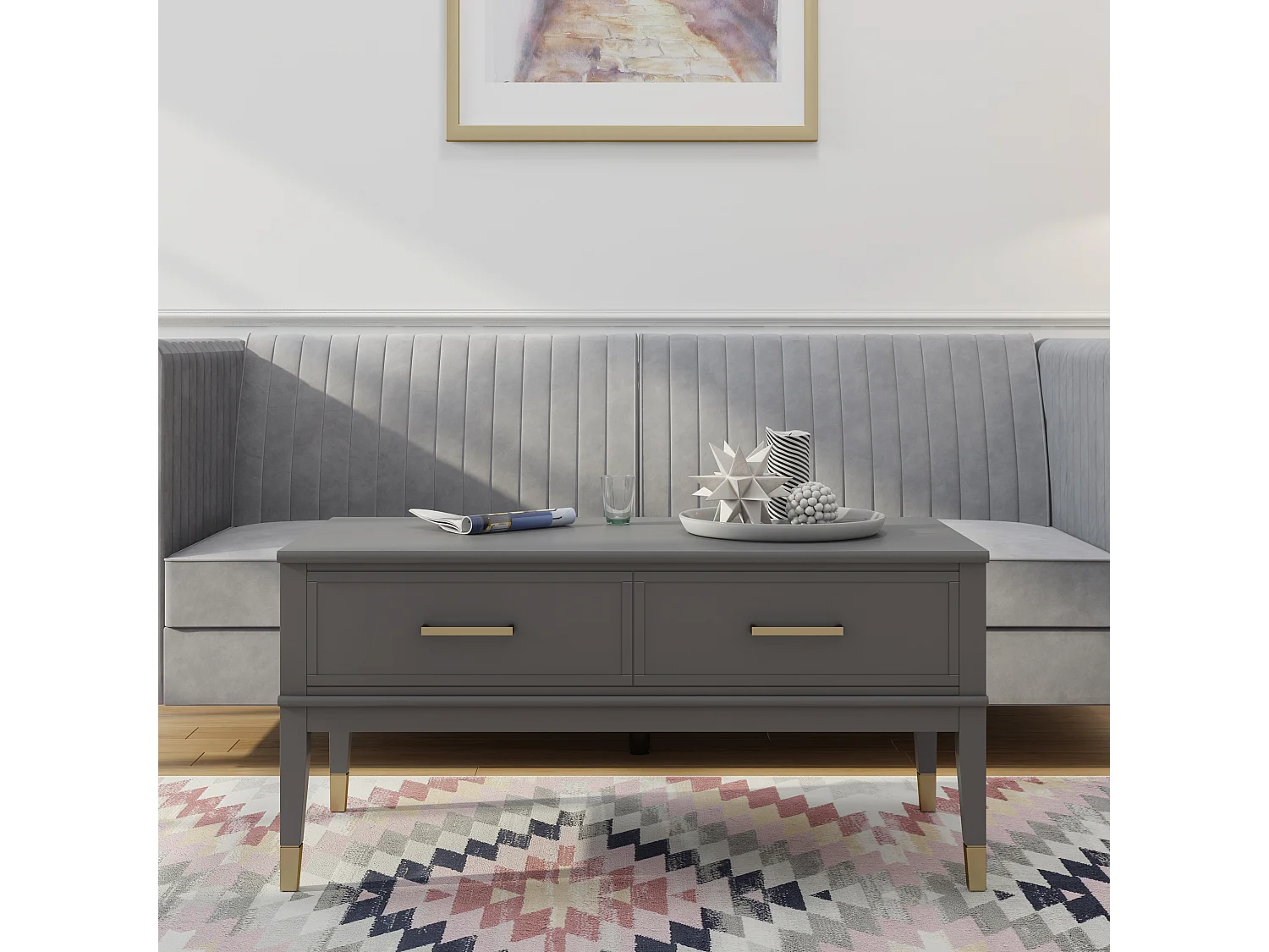 Salontafel met hefblad en 2 lades in grijze PVC gelamineerde spaanplaat