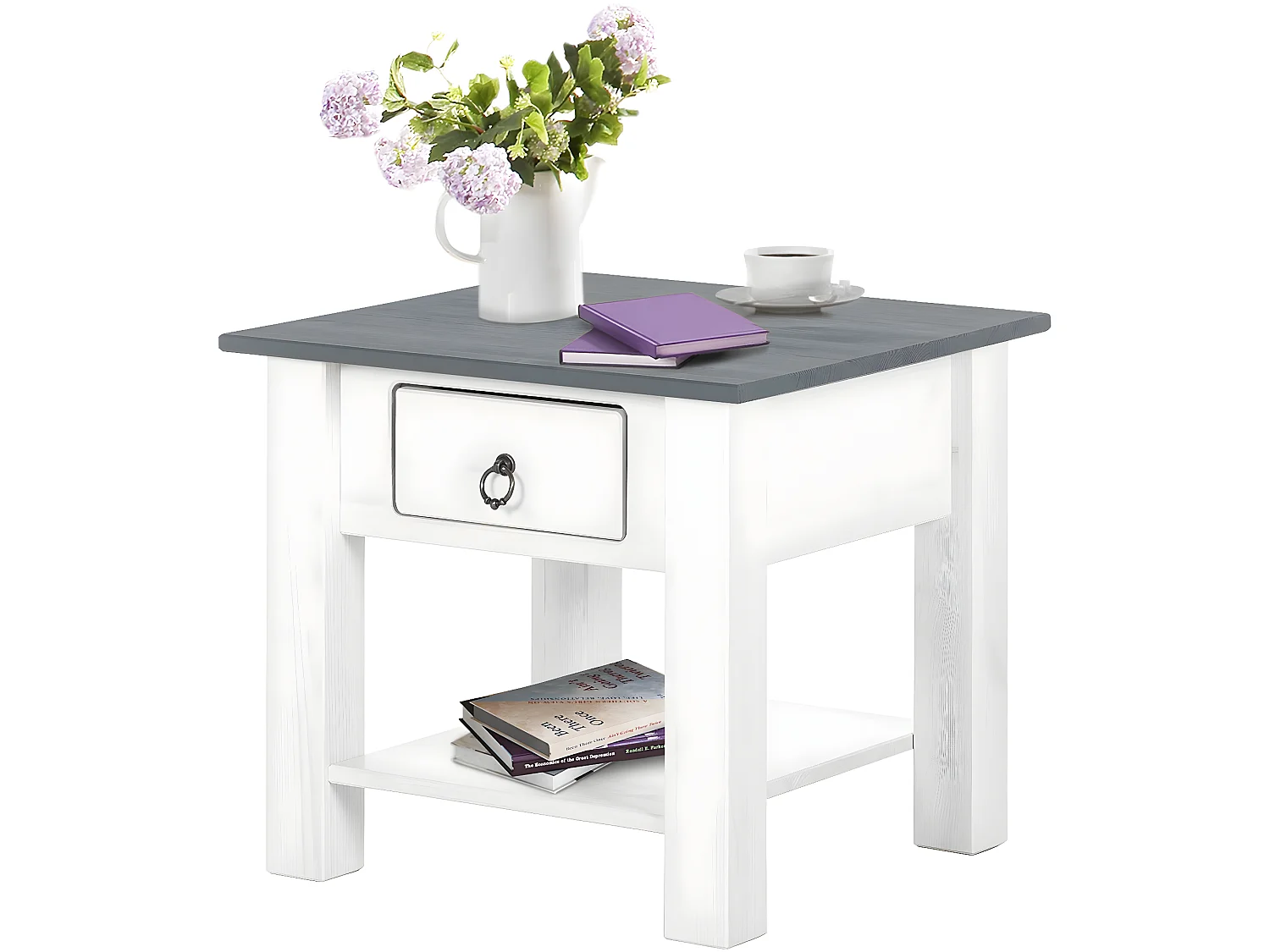 Ines | Table basse avec 1 tiroir en pin blanc et gris
