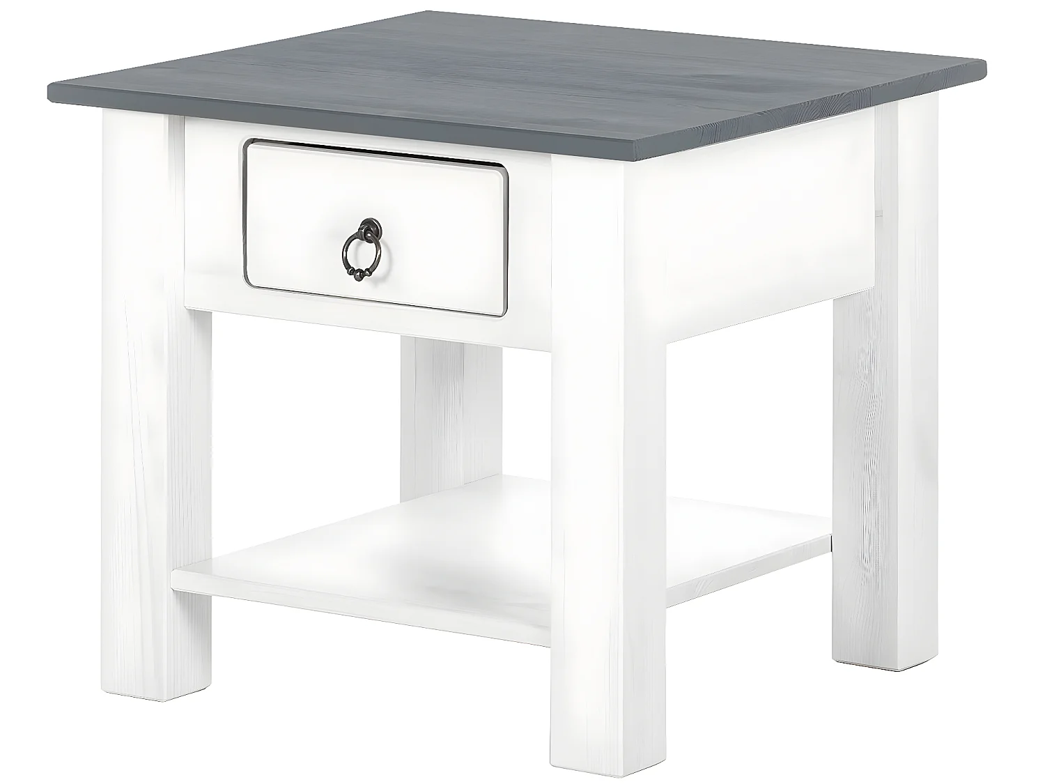 Tavolino con 1 cassetto in pino bianco e grigio
