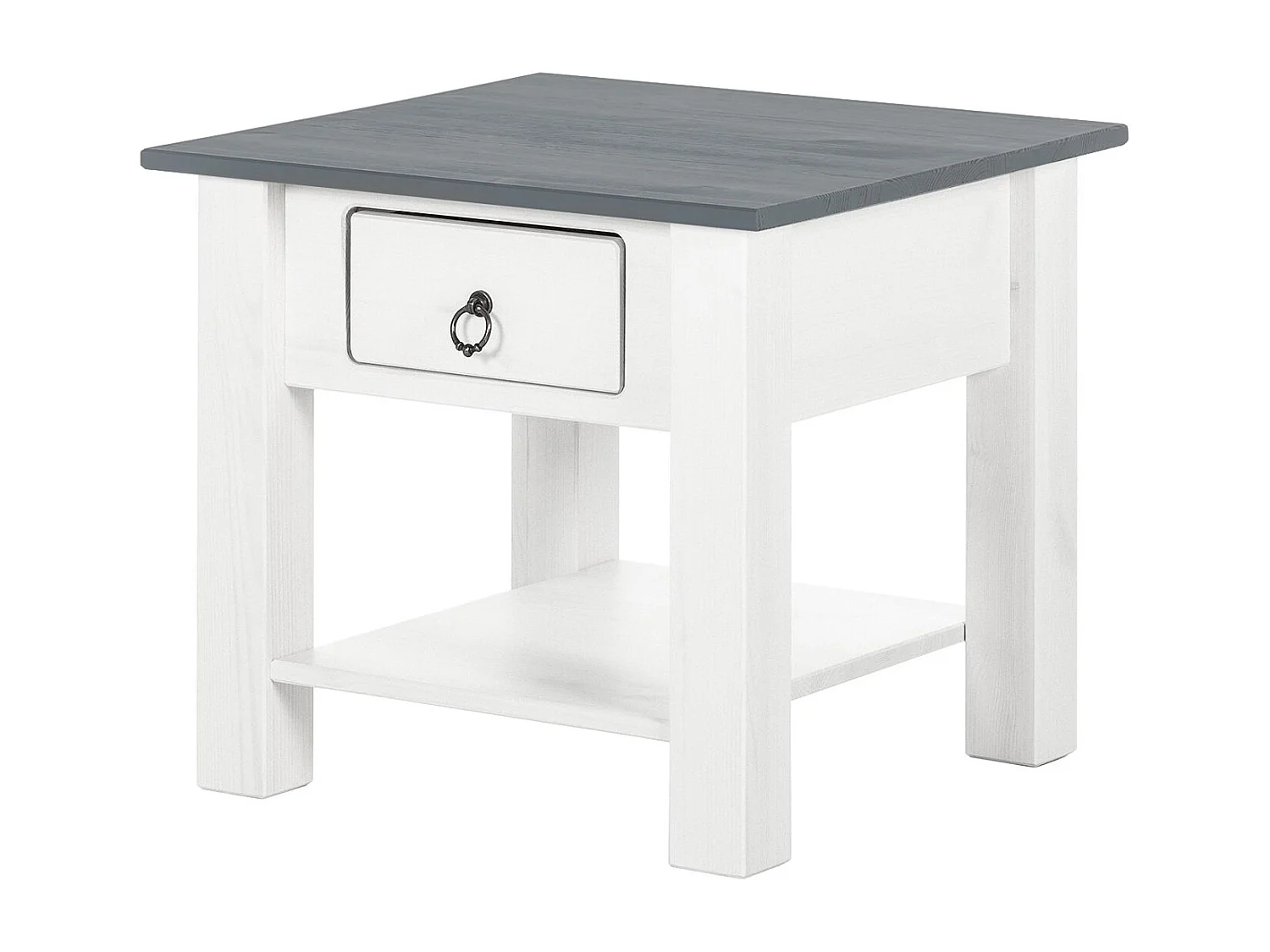 Tavolino con 1 cassetto in pino bianco e grigio