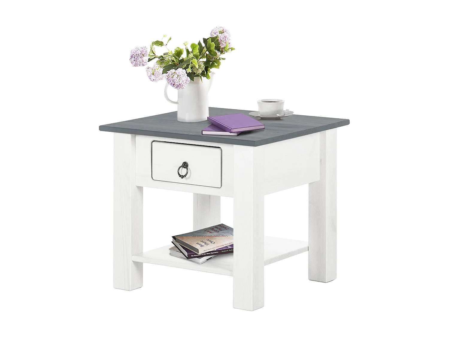 Tavolino con 1 cassetto in pino bianco e grigio