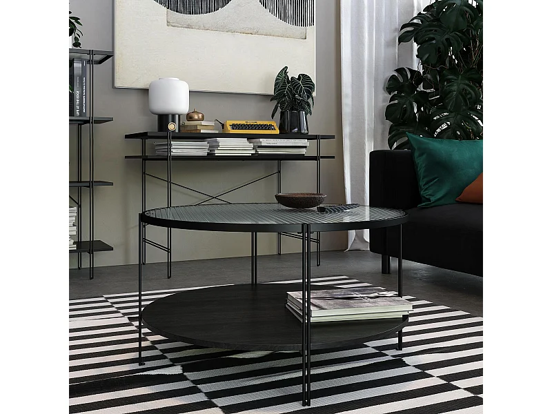 Tavolo Accent in vetro e 1 ripiano in truciolare laminato rovere moro