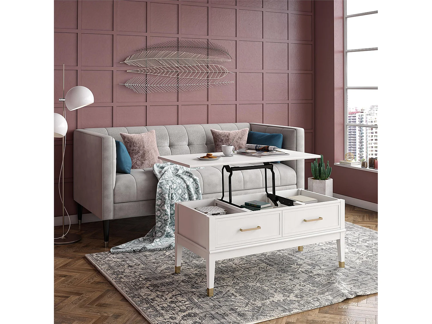 Westerleigh | Table basse avec plateau relevable et 2 tiroirs en panneaux de partic.