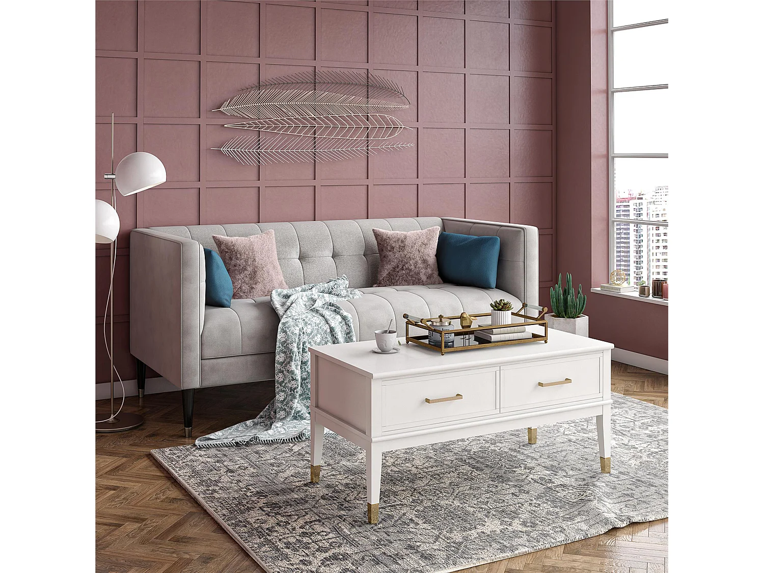 Salontafel met hefblad en 2 lades in witte PVC gelamineerde spaanplaat