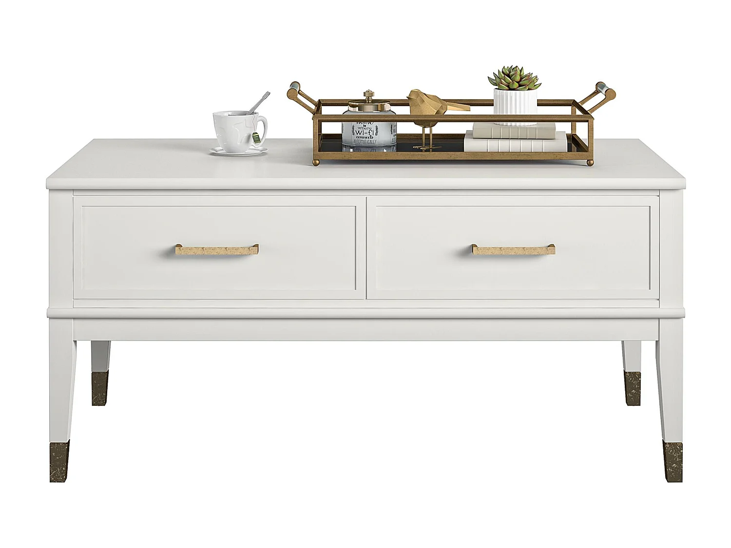 Salontafel met hefblad en 2 lades in witte PVC gelamineerde spaanplaat