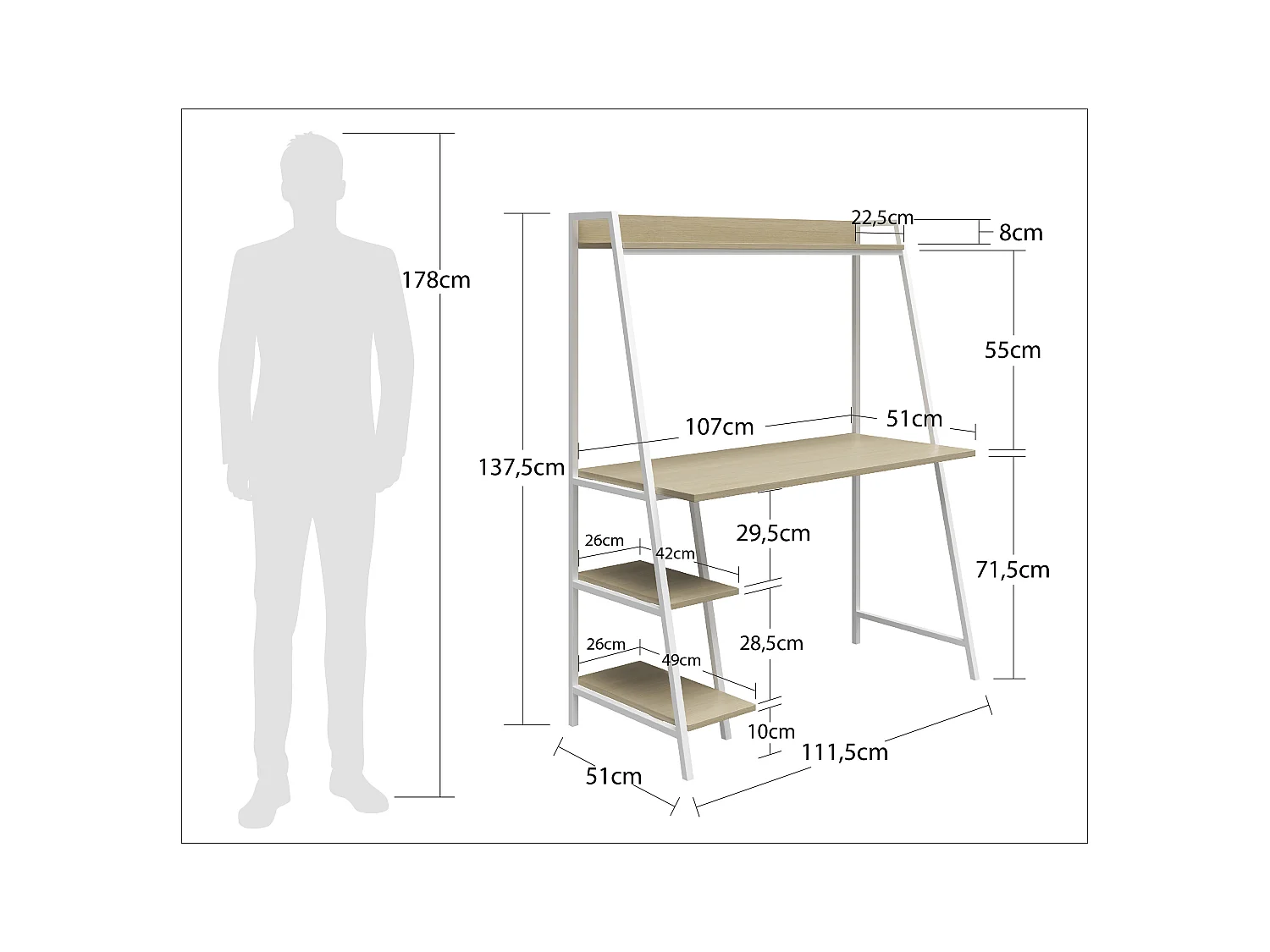 Escritorio con escalera Bushwick. Roble pálido sobre metal blanco