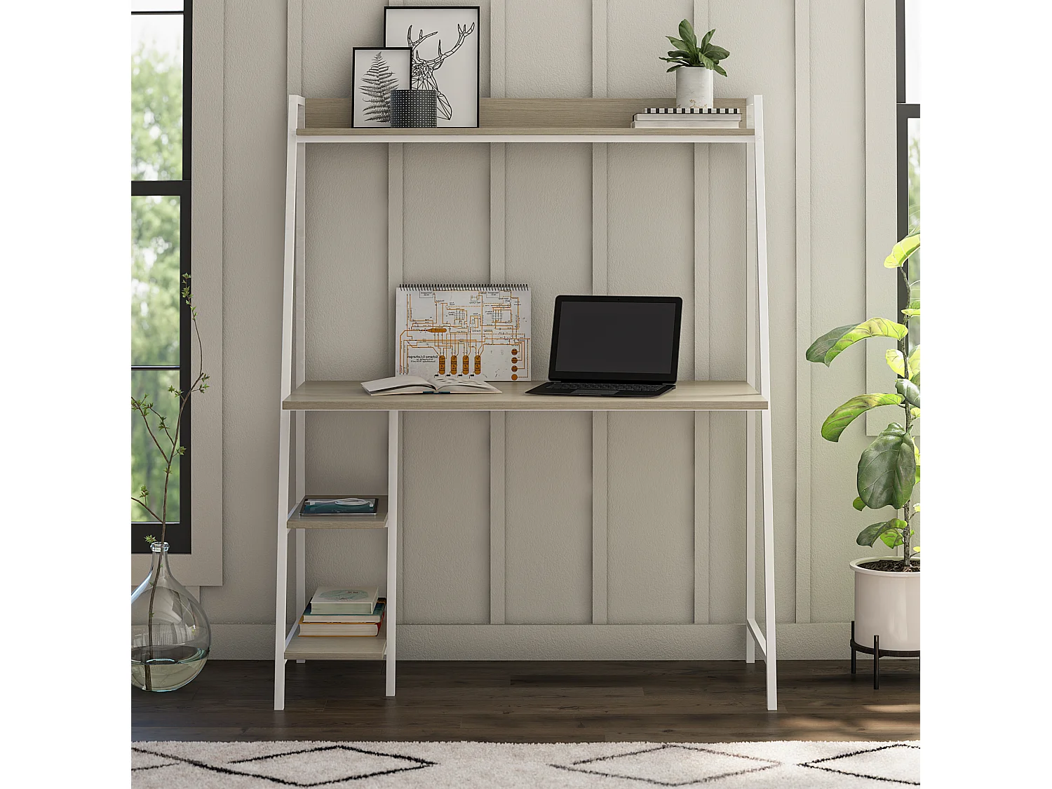 Bushwick|Bureau en effet chêne et échelle en métal blanc