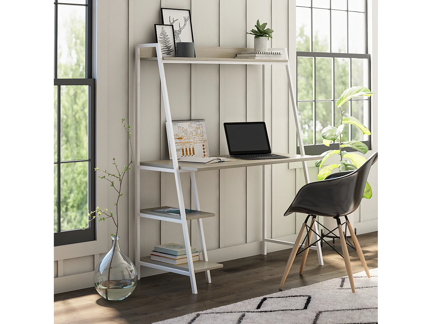 Bushwick|Bureau en effet chêne et échelle en métal blanc