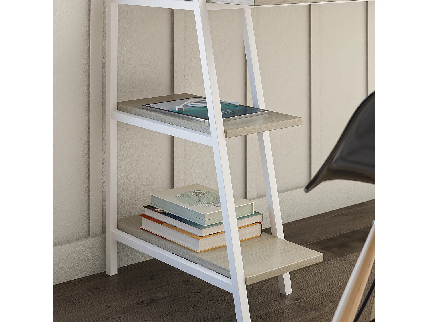 Bushwick|Bureau en effet chêne et échelle en métal blanc