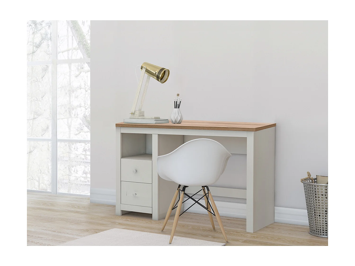 Emerald|Bureau avec 2 tiroirs en effet chêne crème