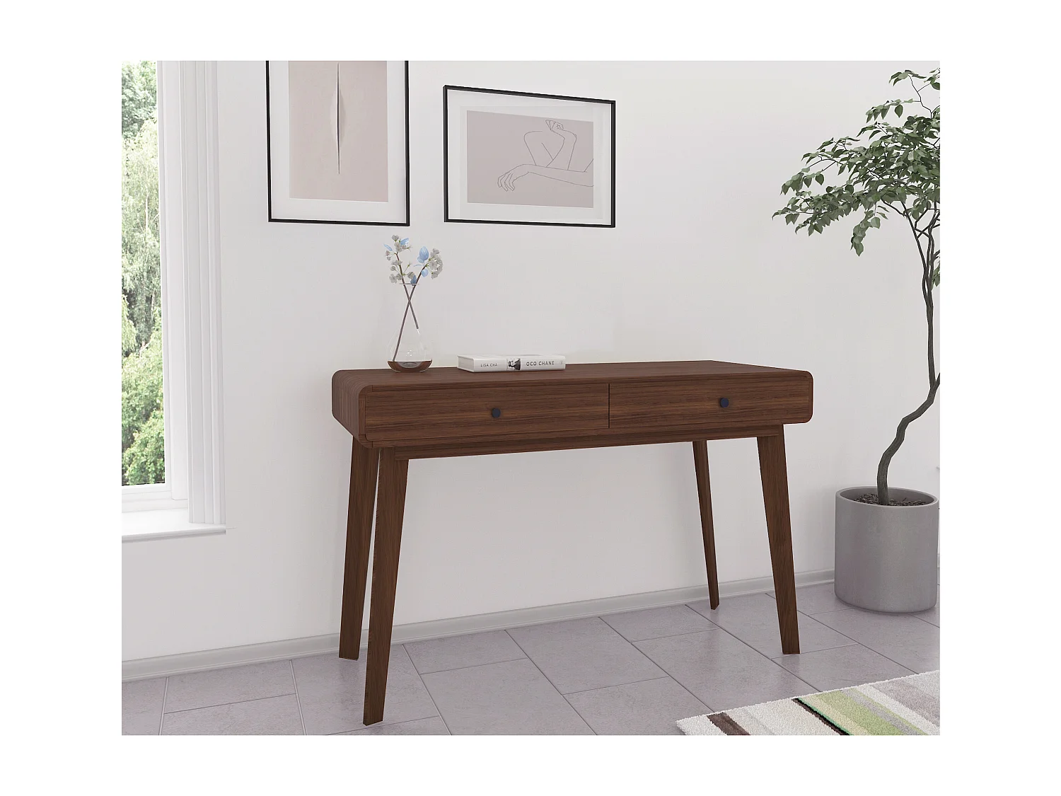 Cassie|Bureau avec 2 tiroirs en effet noyer marron