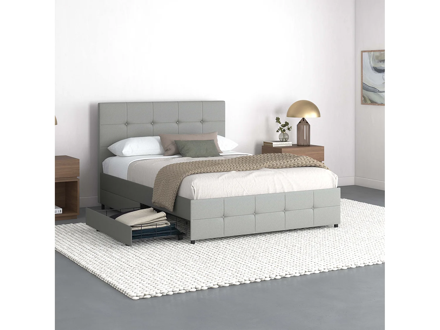 Rose|Lit 140x200 cm avec 4 tiroirs en tissu Gris clair