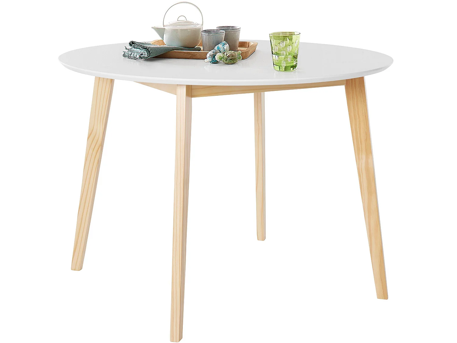 Cody | Table à manger ronde en MDF blanc avec structure en pin nature