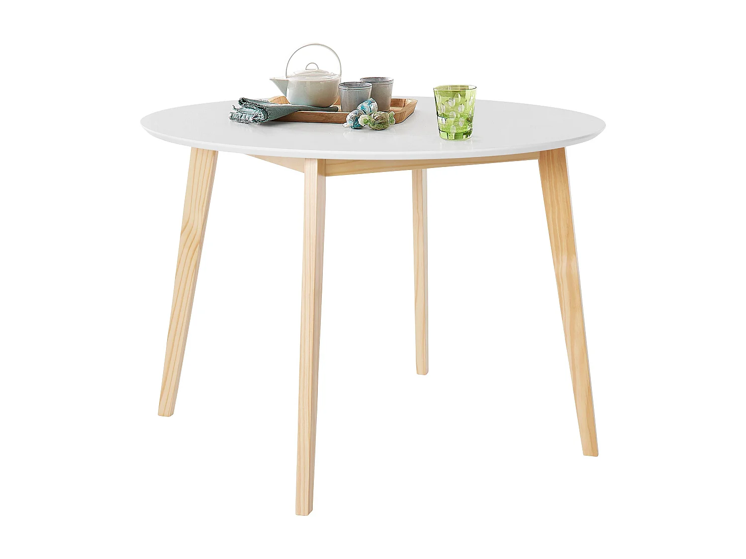 Cody | Table à manger ronde en MDF blanc avec structure en pin nature