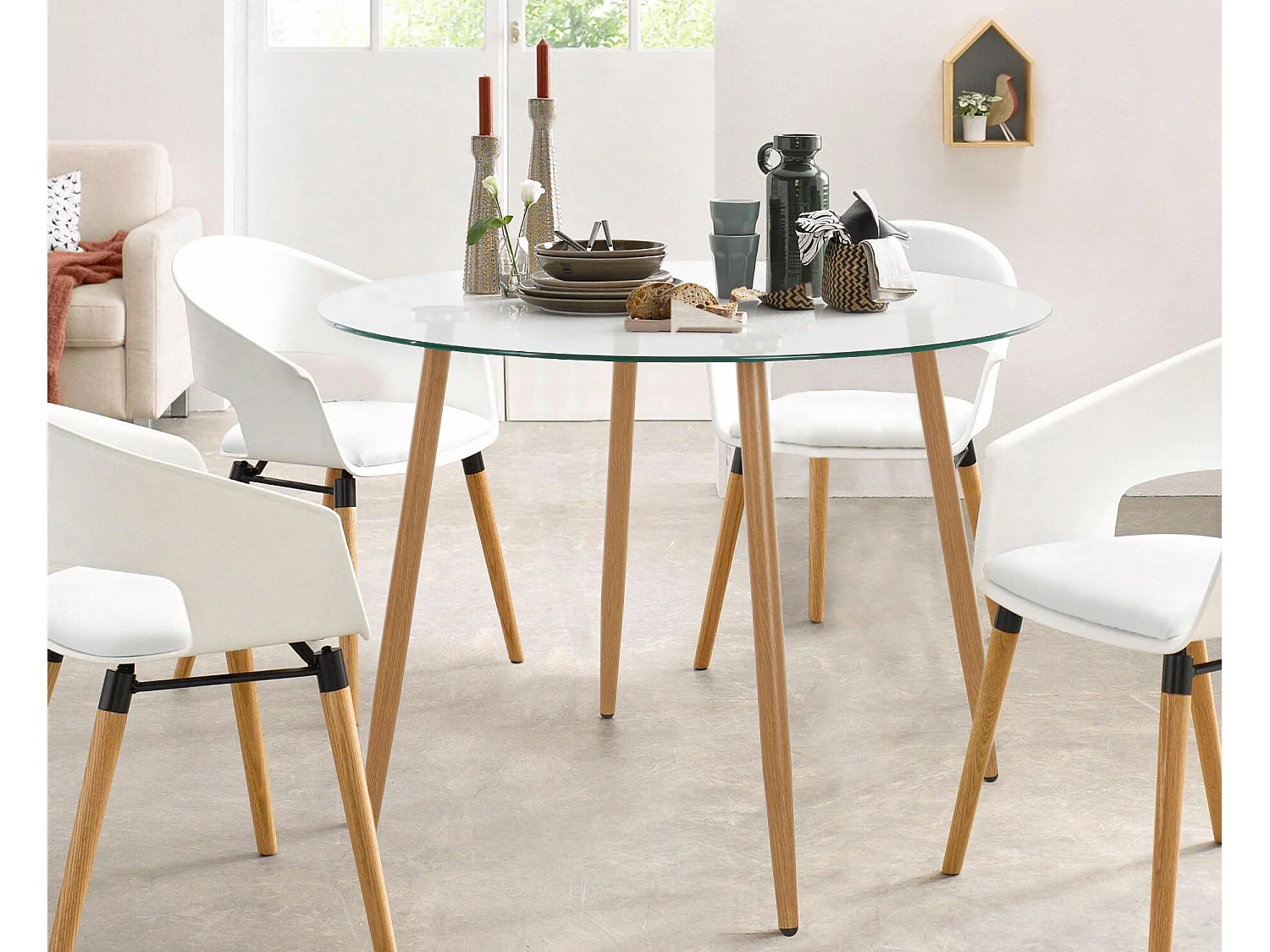 Miller | Table de salle à manger ronde 100 cm avec plateau en verre / pieds en chêne