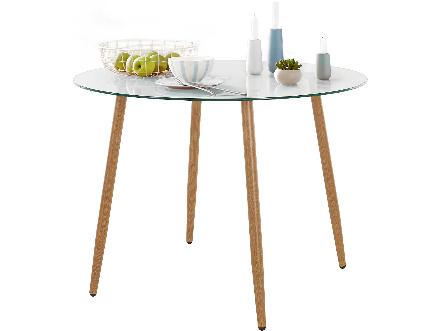 Miller | Table de salle à manger ronde 100 cm avec plateau en verre / pieds en chêne