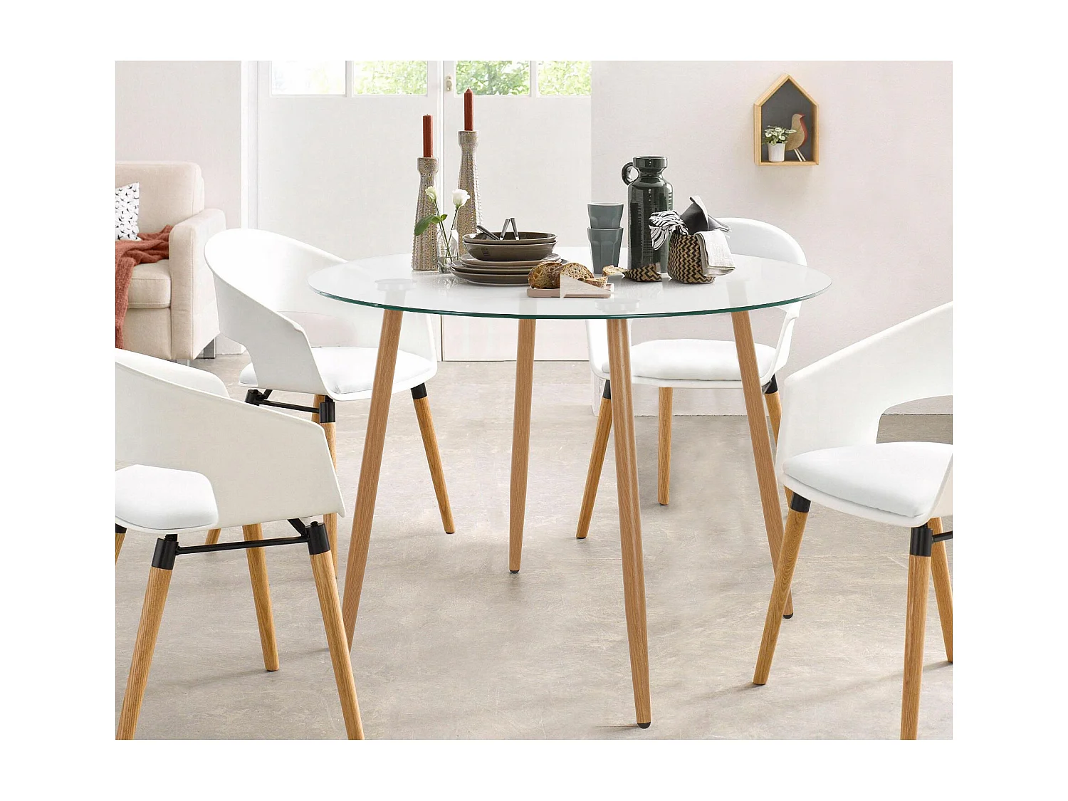 Miller | Table de salle à manger ronde 100 cm avec plateau en verre / pieds en chêne