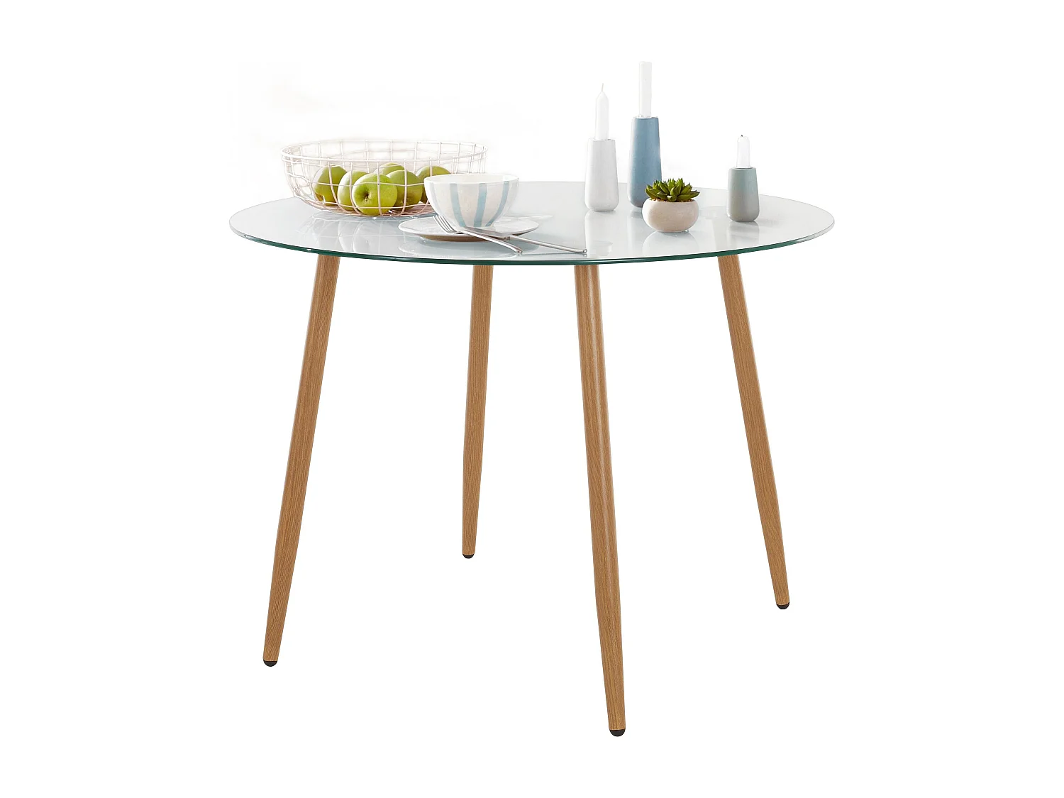 Miller | Table de salle à manger ronde 100 cm avec plateau en verre / pieds en chêne