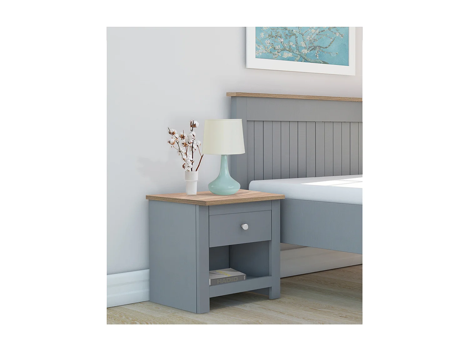 Emerald|Table de chevet avec 1 tiroir en chêne gris