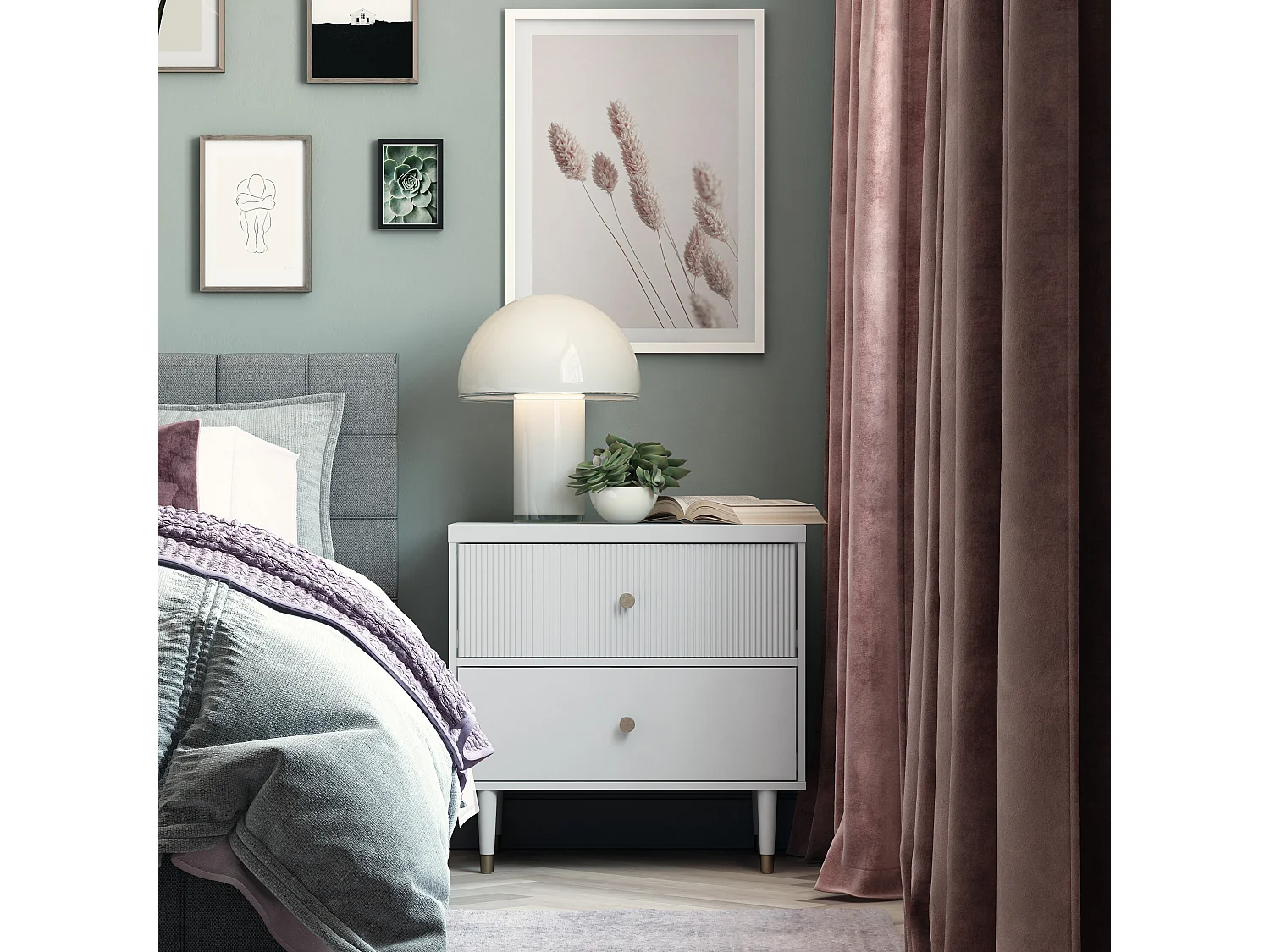 Mesa de cabeceira com 2 gavetas em aglomerado de partículas cinzento