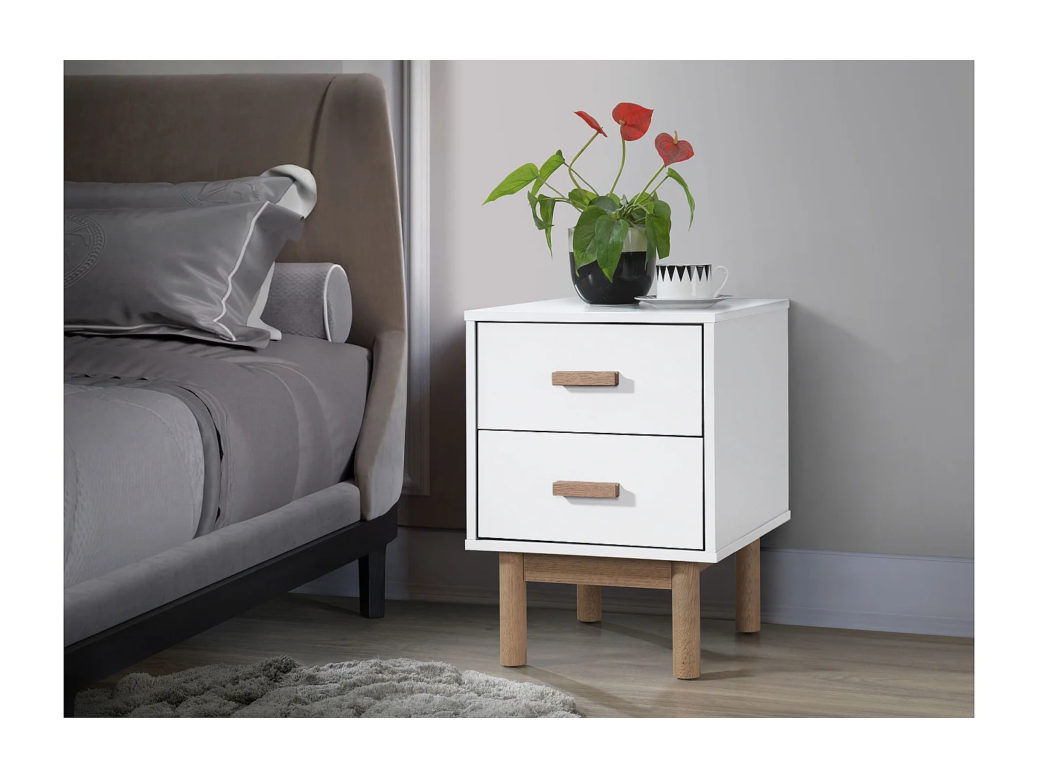 Melanie|Table de chevet avec 2 tiroirs en mélaminé chêne blanc