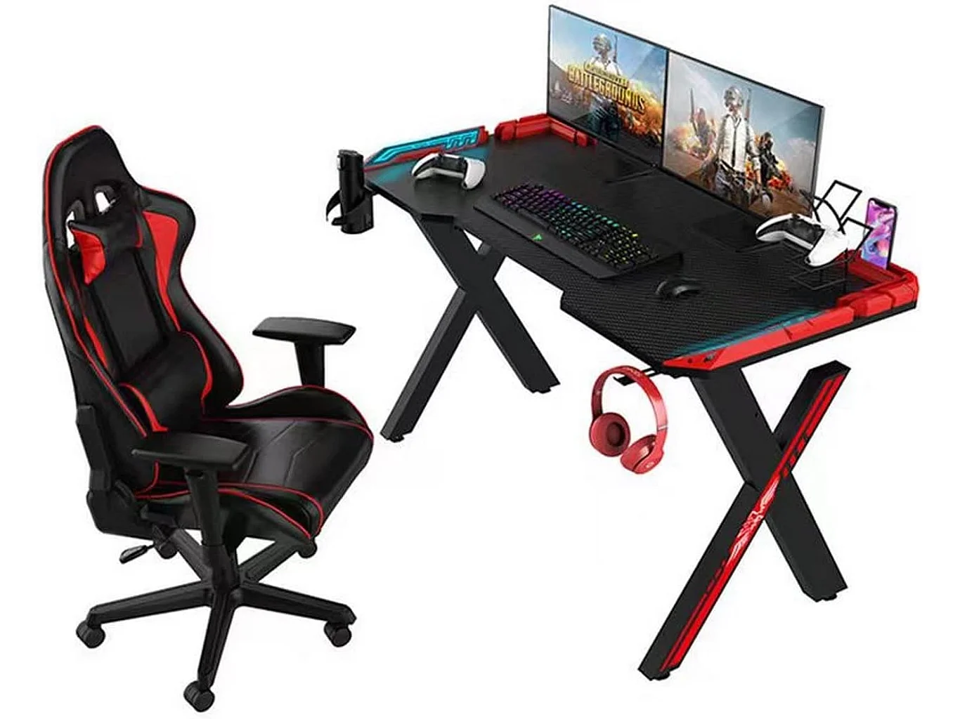 WeHome - RGB LED-gamingbureau, gamingbureau voor laptop-pc, speeltafel, computer en gaming-bureau in MFC- en koolstofvezeleffectoppervlakken (140x60x75 cm, rood)