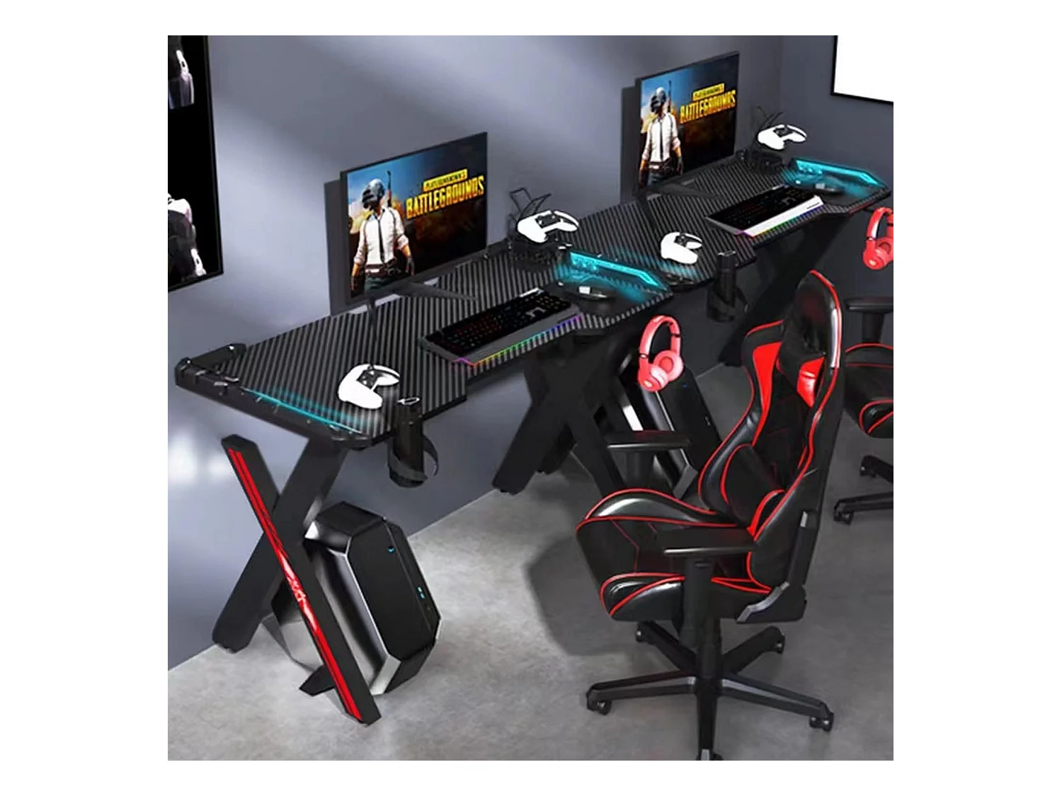 WeHome - RGB LED-gamingbureau, gamingbureau voor laptop-pc, speeltafel, computer en gaming-bureau in MFC- en koolstofvezeleffectoppervlakken (120x60x75 cm, rood)