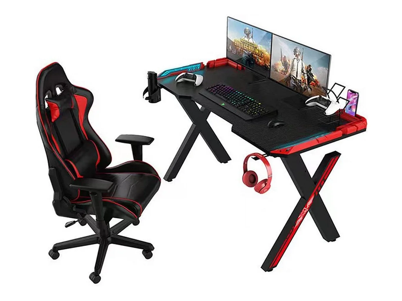 WeHome - RGB LED-gamingbureau, gamingbureau voor laptop-pc, speeltafel, computer en gaming-bureau in MFC- en koolstofvezeleffectoppervlakken (120x60x75 cm, rood)