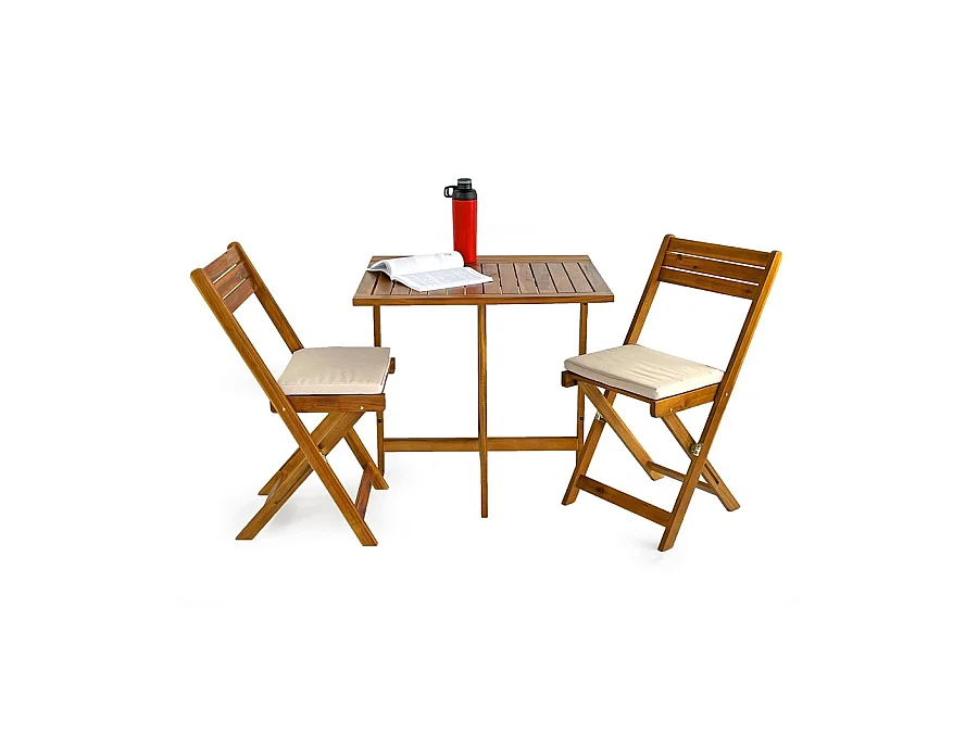 Estosa - Conjunto de mesa de centro com 2 cadeiras de varanda economizadoras de espaço em madeira Melzo