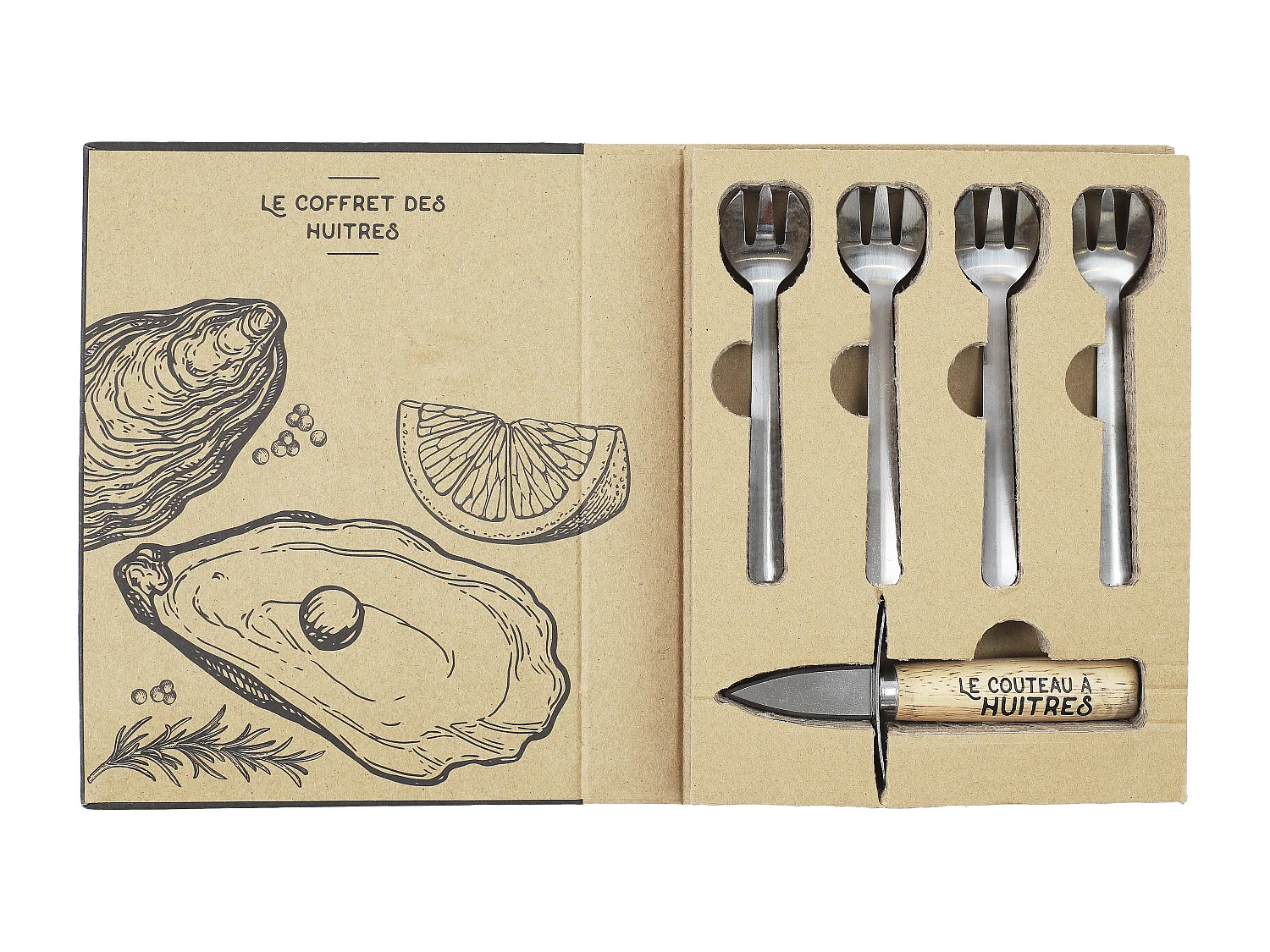 Coltello per ostriche e 4 forchette in acciaio inox