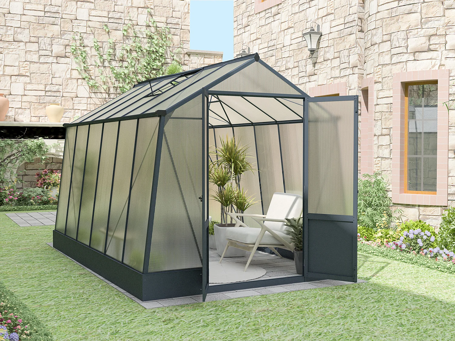 Serre de jardin en polycarbonate 9,1 m² avec embase - Anthracite - ASARINA