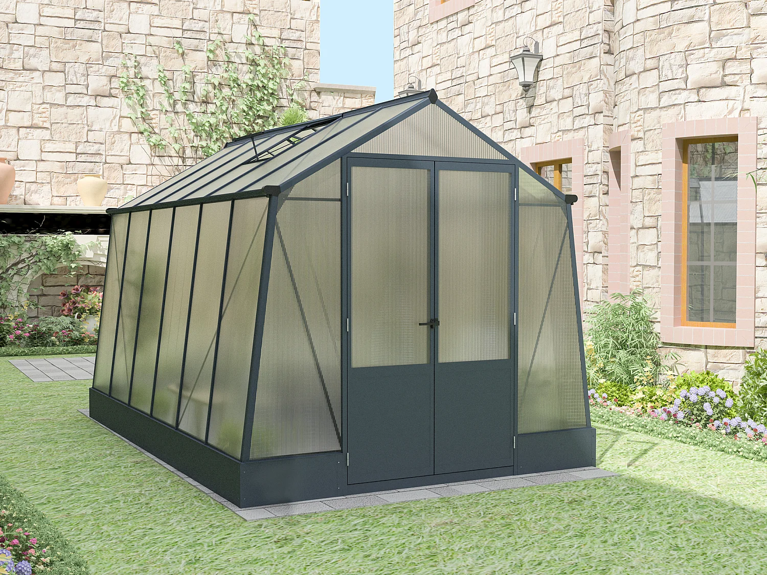 Serre de jardin en polycarbonate 9,1 m² avec embase - Anthracite - ASARINA