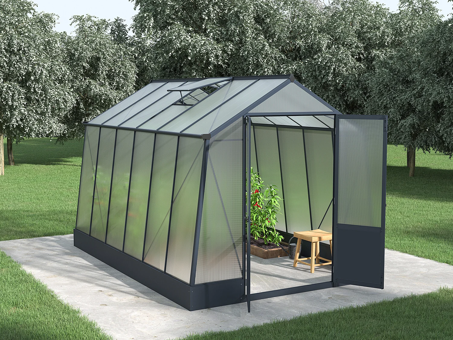 Serre de jardin en polycarbonate 9,1 m² avec embase - Anthracite - ASARINA