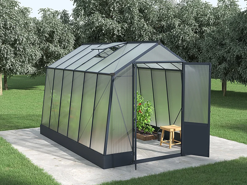 Serre de jardin en polycarbonate 9,1 m² avec embase - Anthracite - ASARINA