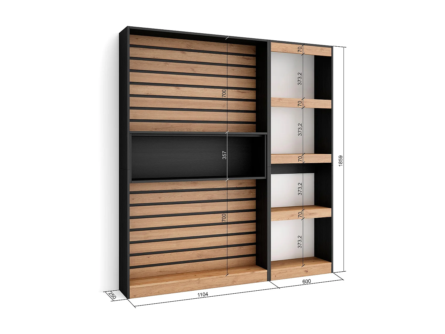 Librería estantería, 170x25x186cm, Salón - Comedor - Oficina, Con Almacenaje, Roble y negro