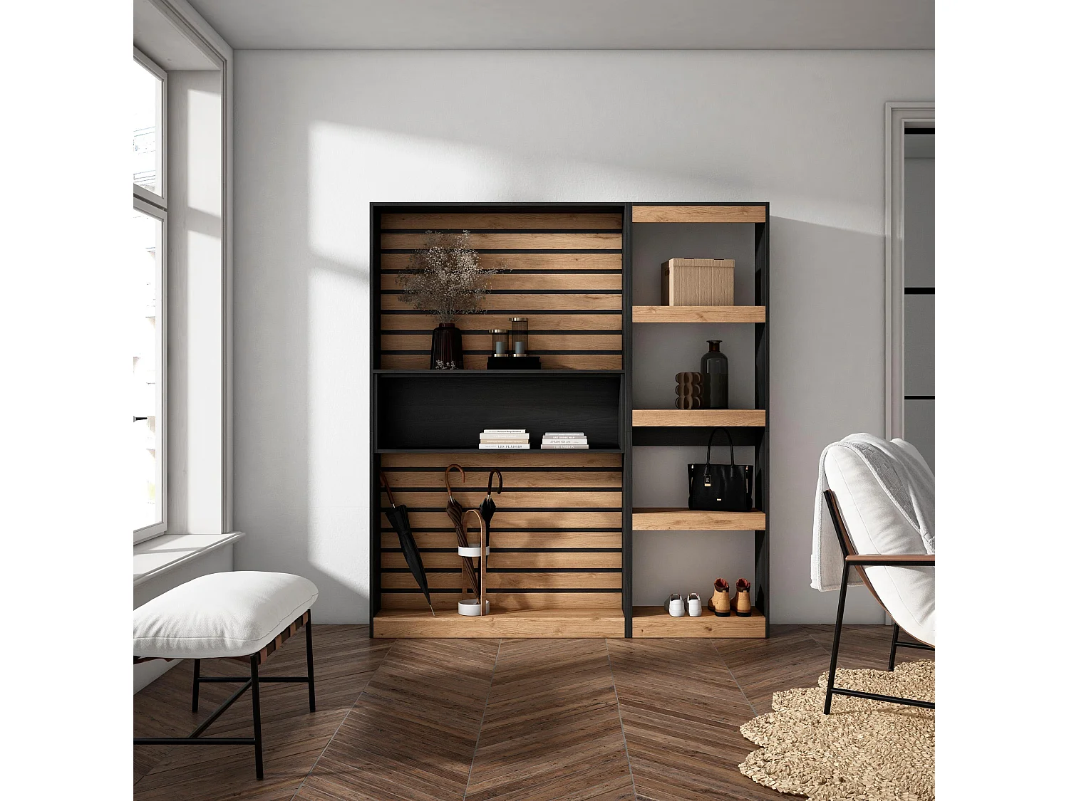Librería estantería, 170x25x186cm, Salón - Comedor - Oficina, Con Almacenaje, Roble y negro