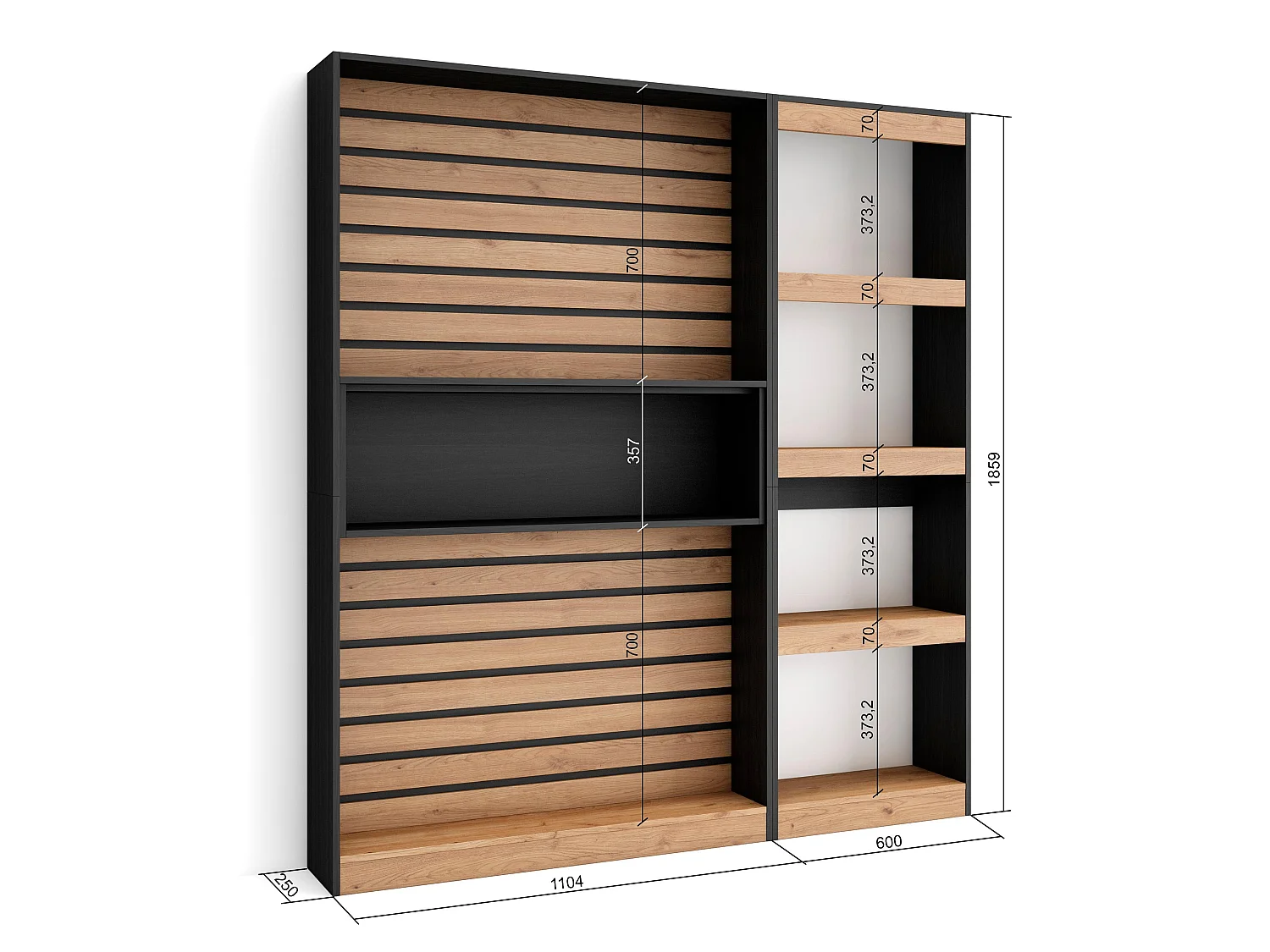 Librería estantería, 170x25x186cm, Salón - Comedor - Oficina, Con Almacenaje, Roble y negro