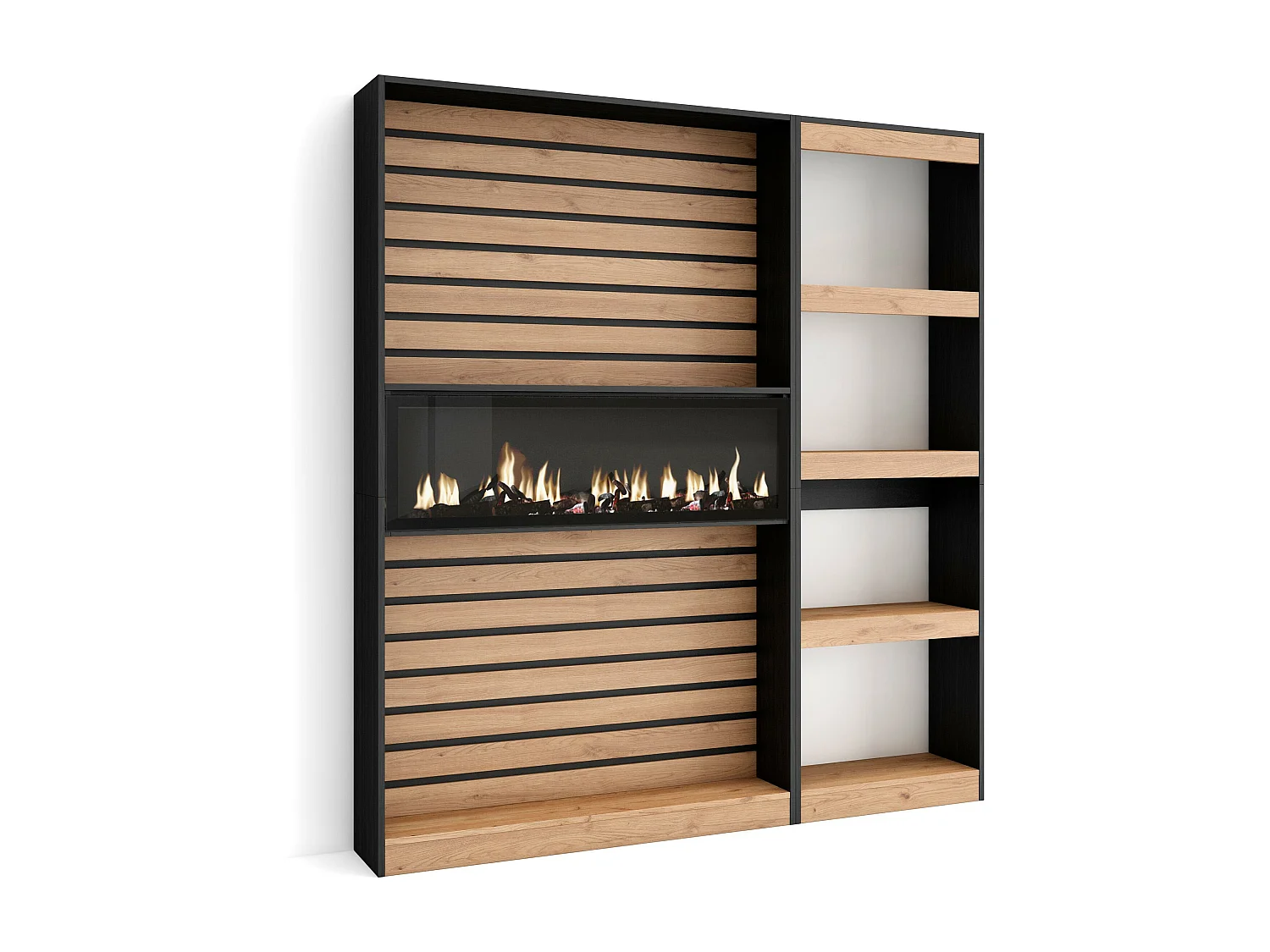 Boekenkast, Boekenplank, 170x25x186cm, Woonkamer, Eetkamer, Bureau, Elektrische haard, Eiken/Zwart