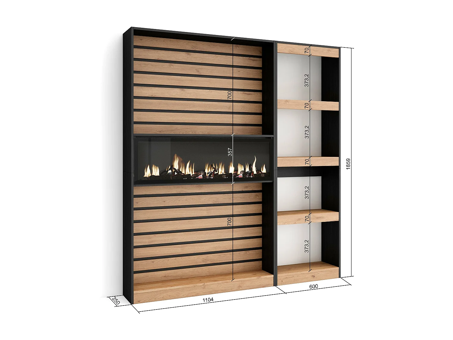 Boekenkast, Boekenplank, 170x25x186cm, Woonkamer, Eetkamer, Bureau, Elektrische haard, Eiken/Zwart